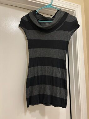 Express Women's Black & Gray Striped Cowl Neck Thin Sweater-style Top